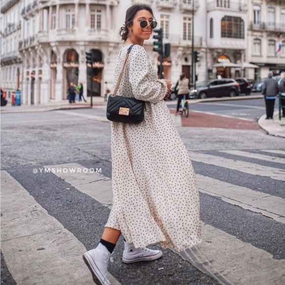 Zara Satin Polka Dot Long Sleeve Midi Dress - Picture 3 of 15